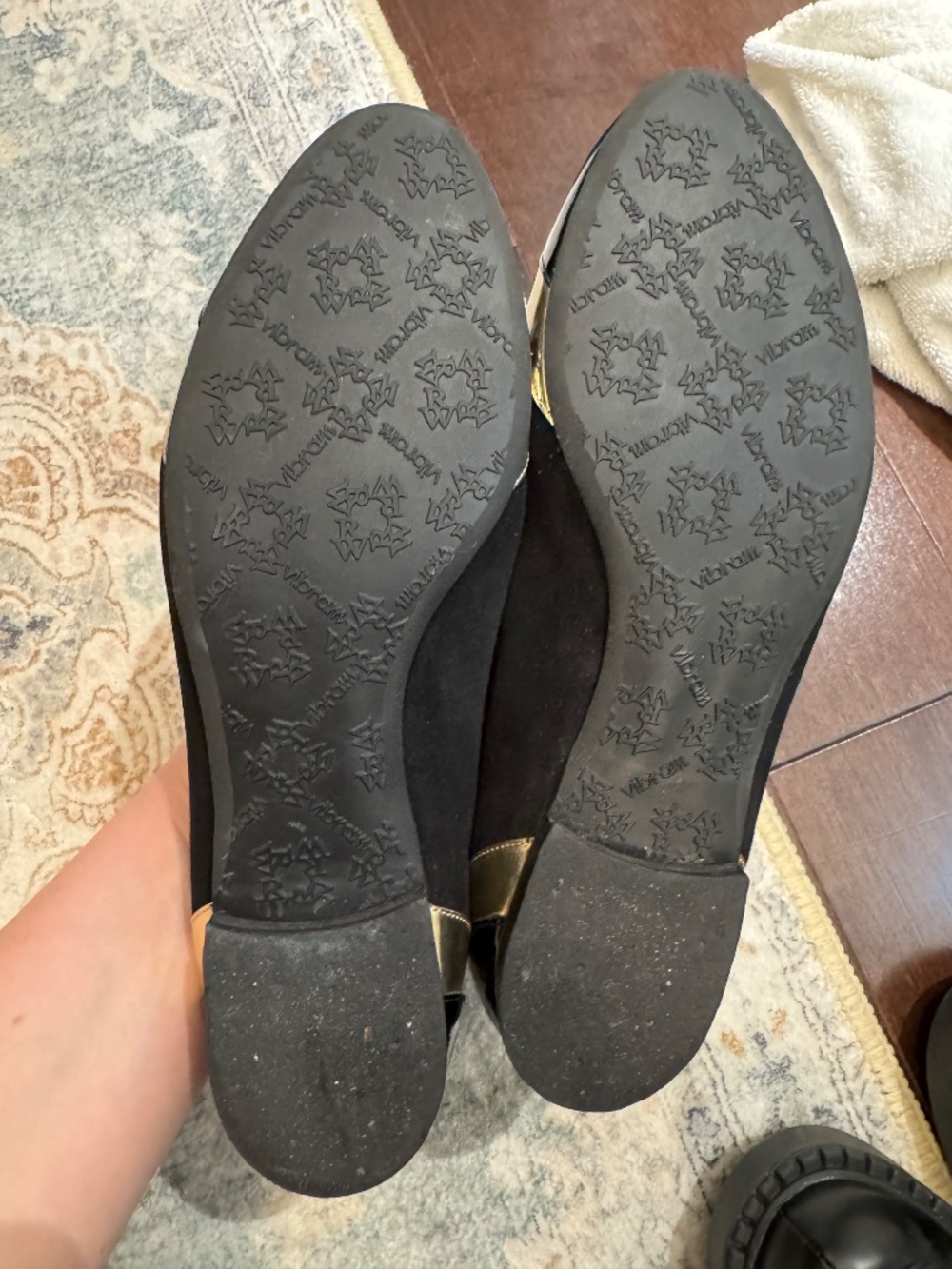 Ron White Black Suede Smoking Loafers with Gold & Patent Trim — Size 39.5 - Picture 2 of 5